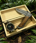 Custom Damascus Steel Folding Knife With Wooden Handle And Separate Compass In Wooden Gift Box
