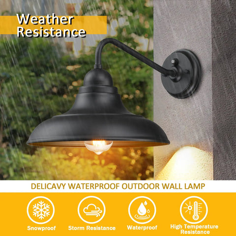 12 Inch Dusk To Dawn Outdoor Wall Sconces Set Of 3 Farmhouse Barn Lights for Porch and Entryways Exterior Wall Lighting Fixture Weatherproof Sensor Activated Night Lighting For Home Curb Appeal Ready, shown in rain.