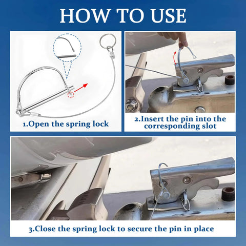 Two Pack Locking Hitch Pins With Anti Lost Rope Ring instruction diagram for secure installation on trailer coupler.