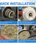 Image showing installation steps for Complete W10721967 Clutch Cam Assembly And W10528947 Driven Hub Kit For Whirlpool Kenmore Top Load Washer.