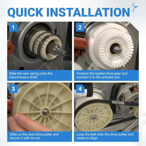 Image showing installation steps for Complete W10721967 Clutch Cam Assembly And W10528947 Driven Hub Kit For Whirlpool Kenmore Top Load Washer.