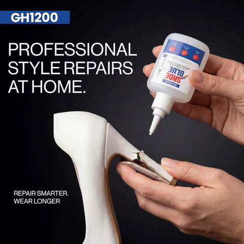 Person using Heavy Duty Shoe Glue With Built In Brush And Precision Nozzle For Sneakers, Boots, Heels, Crocs And More Ultra Strong Bond Flexible Repair Works Under Extreme Conditions on a white high heel