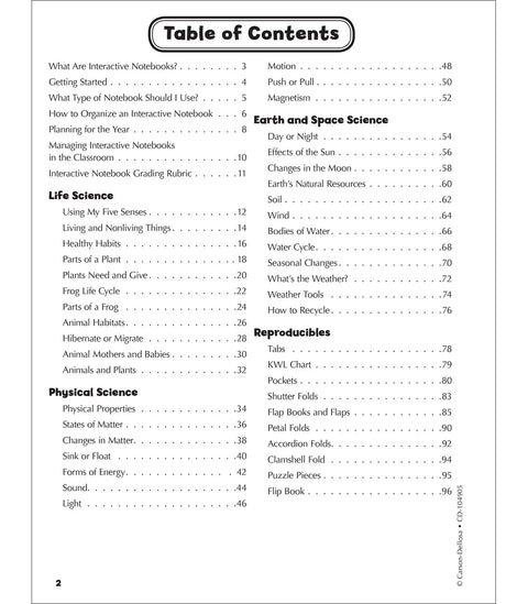 Table of contents from Interactive Notebooks For First Grade Kid Friendly Reproducible Workbook Covering Physical Space And Earth Science Plus Test Prep And Classroom Organization Resource For Hands On Learning, listing topics in life, physical, and earth sciences.
