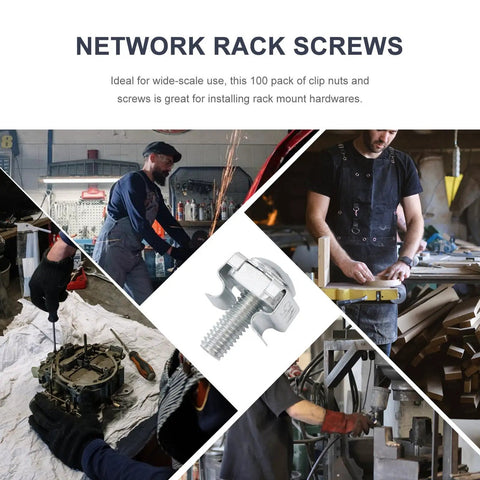 Premium Heavy Duty Server Rack Screws and Hella Tough Cage Nuts 100 Pack Essential Clip Kit shown in use with workers assembling rack hardware.