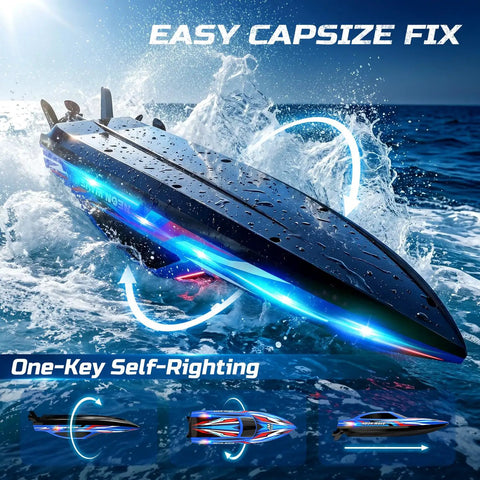 Epic RC Boat For Kids With LED Lights Self Righting And Waterproof Design on water, demonstrating capsize recovery feature.