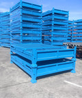 Heavy Duty Cold Rolled Steel Foldable Storage Cage Built Like A Tank Collapsible Industrial Bin For Warehouse Logistics Premium Stackable Crate Box, blue stacked bins in warehouse.