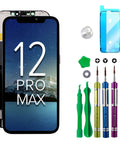 iPhone 12 Pro Max 6.7 Inch Screen Replacement Kit With Tools Plug And Play DIY Friendly For Easy Install Clear Display And Smooth Touch Restores True Tone And Face ID Compatible With A2342 A2410 A2412 A2411 showing tools and screen components