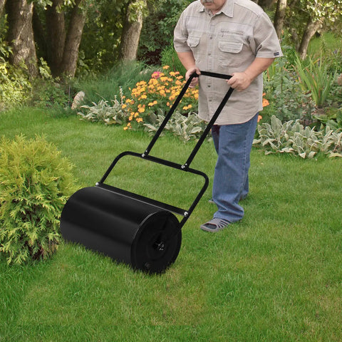 Heavy Duty Lawn Roller 10 Gallon Water And Sand Filled Garden Drum Roller With U Shaped Handle Tow Behind Sod Roller In Use