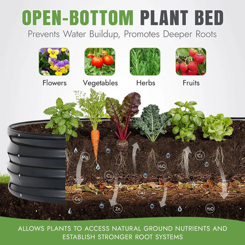 Diagram of galvanized oval raised garden bed 8x3x1 ft, showing open-bottom design for vegetables, flowers, herbs, and fruits.
