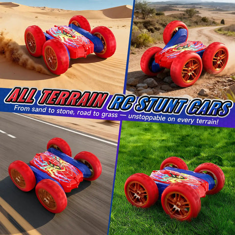 Glowing Eyes 360 Flip RC Car With Lights, 2.4GHz 4WD Drift Stunt Remote Control Vehicle on various terrains.