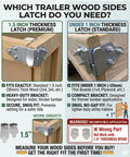 Diagram showing trailer wood side latches for different thicknesses, featuring heavy-duty brackets for fitting wood panels and stakes.