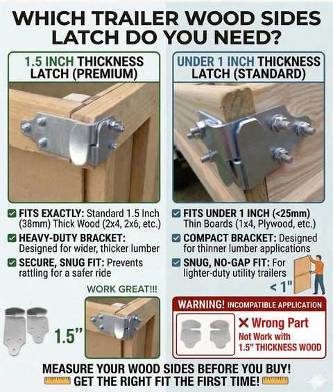 Diagram showing trailer wood side latches for different thicknesses, featuring heavy-duty brackets for fitting wood panels and stakes.