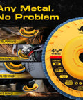 Top Tier 4.5 Inch Flap Discs For Angle Grinder Featuring No Fuss Tool Free Installation 40 Grit Hella Strong Zirconia Sanding Wheels For Knocking Rust Off And Securing Boss Level Surface Prep Work 10 Pack, yellow flap disc shown with grinding action.