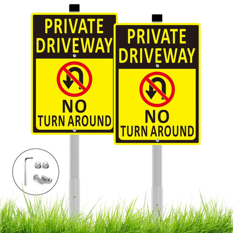 2-pack private driveway signs, 14x10 inches, heavy-duty aluminum, yellow and black, with metal stakes and hardware