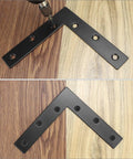 Rock Solid Heavy Duty Flat L Brackets For Wood And Furniture Repair 8 Pack Matte Black, 120mm steel angle mounted on wood.