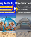 Easy Setup Beach Tent Sun Shelter For Family Beach Day with double doors and mesh windows comparison to another tent on beach sand