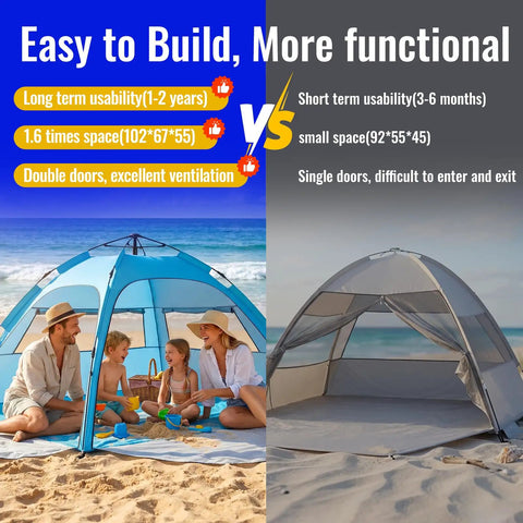 Easy Setup Beach Tent Sun Shelter For Family Beach Day with double doors and mesh windows comparison to another tent on beach sand