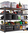 Extra Wide Heavy Duty Garage Shelving 3000 LB 5 Tier Metal Storage Rack filled with tools, tires, and storage bins.