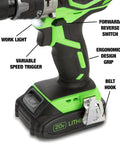 Close-up of 20V Max Brushless Hammer Drill ergonomic grip, LED work light, speed trigger, belt hook, showcasing cordless power tool features.