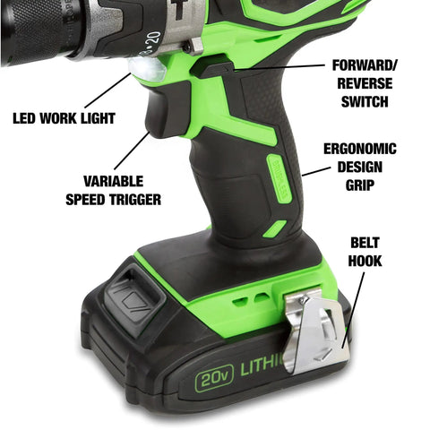 Close-up of 20V Max Brushless Hammer Drill ergonomic grip, LED work light, speed trigger, belt hook, showcasing cordless power tool features.