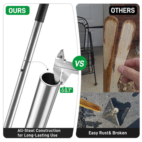 Comparison of 48 Inch Steel Tamper With 14 Pound 10x10 Steel Head And Rubber Grip vs broken wooden tools