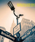 Two Light Bullhorn Mount Bracket For 2 3/8 Inch Slip Fitter Fits LED Street Lights And Parking Lot Lights installed on a street pole