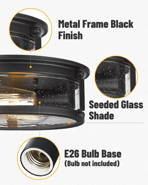 Super Cool Black Flush Mount Ceiling Light With Metal Cage Design And Seeded Glass Shade For That Awesome Industrial Farmhouse Vibe In Your Kitchen Hallway Or Bedroom Twelve Inch Size Needs Two E26 Bulbs with metal frame black finish details