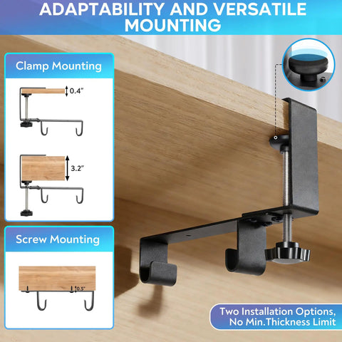 Under Desk Cable Organizer Tray With 20 Piece Kit showing clamp and screw mount for desks 0.4 to 3.2 inches thick
