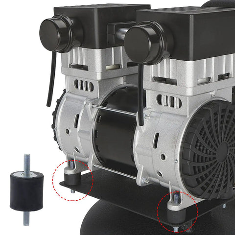 Top Shelf Rubber Vibration Isolator Mounts With M8x23mm Threaded Studs shown supporting a silver pump motor for noise reduction.