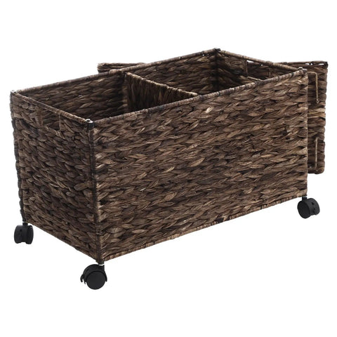 Large Rolling Wicker Storage Basket Made From Water Hyacinth, 15.5 Gallon Chest With Smooth Rolling Wheels, Removable Lid, Divider Insert, And Handles