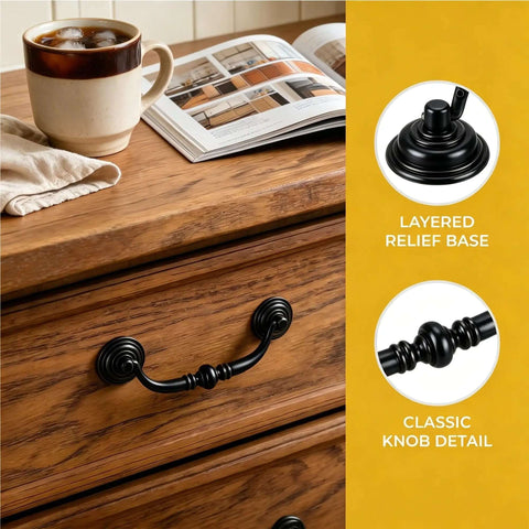 Four Pack Antique Drawer Pulls In Black Finish, Vintage Brass Look Cabinet Knobs on wooden dresser with layered relief base
