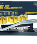 Heavy Duty Ferrule Crimping Tool And Air Hose Repair Kit For Three Eighths, Five Sixteenths, And Quarter Inch ID Hoses With Five Hardened Steel Dies, Fifteen Ferrules And Fittings, Torch And Compressor Crimpers displayed with packaging and components.