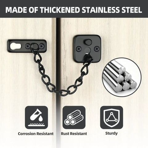 Premium Heavy Duty Door Chain Lock, Matte Black Security Gate Latch with spring-loaded chain, sturdy stainless steel design.