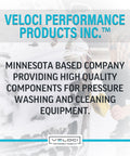 Veloci Performance Products banner featuring logo and text about pressure washing components.
