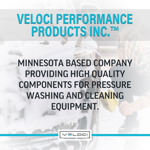 Veloci Performance Products banner featuring logo and text about pressure washing components.