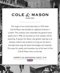 Pepper Grinder With Adjustable Six Level Grind, Stainless Steel Mill brand history text with Cole & Mason logo and vintage image