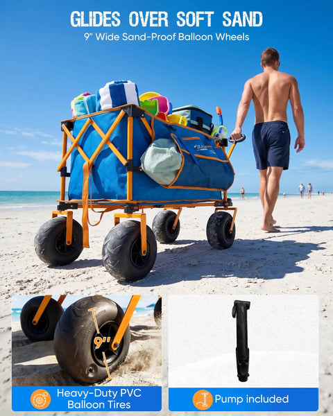 Foldable Beach Wagon With Balloon Wheels For Soft Sand Heavy Duty Collapsible Cart on beach with large blue storage filled with gear