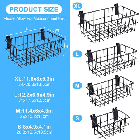 Four Piece Large Slatwall Baskets Set Ventilated Metal Pegboard Baskets for PVC Slatwall Panels with size specifications