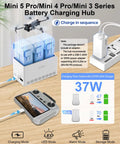 Beefed Up All In One Mini Drone Battery Charging Hub 37W Fast USB C Charger For DJI Mini 5 4 3 Series Batteries Plus Skyrover X1 Accessories With Storage LED Lights And SOS Mode, showing charging hub with three drone batteries, USB C cable, and power indicators.