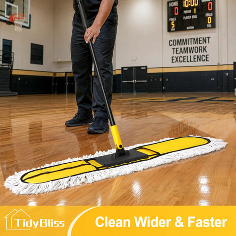 Pro Level Heavy Duty 36 Inch Commercial Dust Mop With Adjustable Telescoping Handle in use on a basketball court floor.