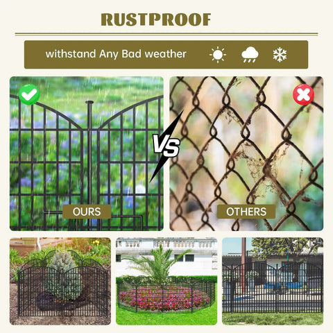 Comparison of No Dig 16 Panel Garden Fence With Gate For Outdoor Pets And Kids Rustproof Metal Garden Edging Border showing rustproof quality.