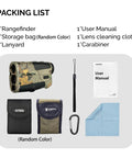 Waterproof Hunting Rangefinder With 5 To 900 Yards Range Fast Under 0.5 Seconds Readouts Camo Laser Distance Finder Angle And Scan Modes 6X Magnification Hunt Ready Archery Tool For Hunters packing list with camo rangefinder, pouch, lanyard, manual, carabiner, and cloth