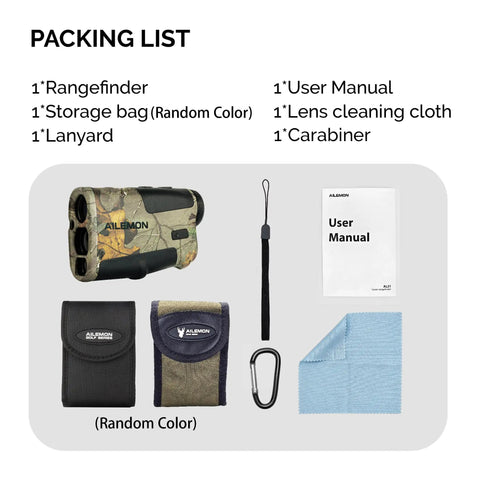 Waterproof Hunting Rangefinder With 5 To 900 Yards Range Fast Under 0.5 Seconds Readouts Camo Laser Distance Finder Angle And Scan Modes 6X Magnification Hunt Ready Archery Tool For Hunters packing list with camo rangefinder, pouch, lanyard, manual, carabiner, and cloth