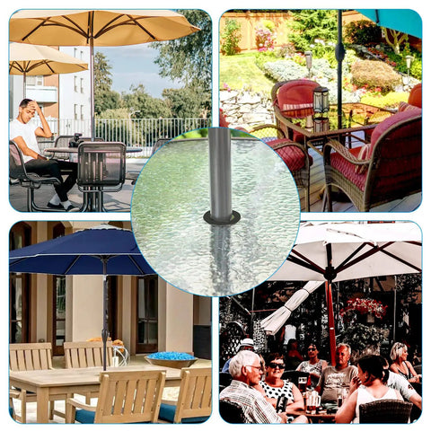 Patio Table Umbrella Hole Ring Plug Cone Wedge Holder 1 Pack Fits 1.5 Inch Umbrella Poles for Outdoor Tables Garden Yard Beach Umbrellas Picnic Setup Hole Insert Base Stand Parts and Accessories in use on outdoor tables in various settings