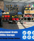 Heavy Duty Garage Shelving System 63 Inch Tall Adjustable Steel Standing Shelves with tools and storage boxes in garage