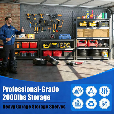 Heavy Duty Garage Shelving System 63 Inch Tall Adjustable Steel Standing Shelves with tools and storage boxes in garage