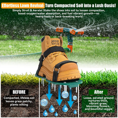 Heavy Duty Metal Lawn Aerator Shoes With Three Quarter Inch Spikes Tough As Nails Rugged Aluminum Plate Anti Slip Sole Durable Sandals For Yard Garden And Grass Easy To Use Soil Aeration Tool For Better Spring Lawn Health shown with irrigation system in lush garden.