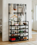 Five Tier Coat And Shoe Rack With Eight Hooks Double Row Organizer For Entryway And Living Spaces Keeps Shoes Hats Bags Neatly Organized In Black For Entryways Closets And Mudrooms Space Saver All In One showcasing hats and shoes on shelves