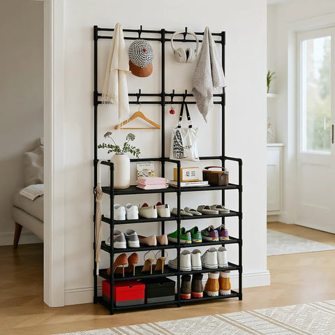 Five Tier Coat And Shoe Rack With Eight Hooks Double Row Organizer For Entryway And Living Spaces Keeps Shoes Hats Bags Neatly Organized In Black For Entryways Closets And Mudrooms Space Saver All In One showcasing hats and shoes on shelves