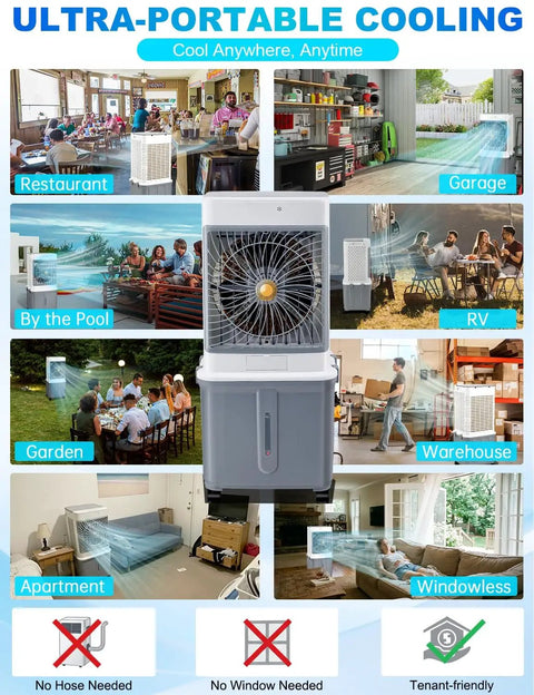 Evaporative Swamp Cooler Portable Air Conditioner With 10 Gallon Detachable Tank Windowless Design in various settings